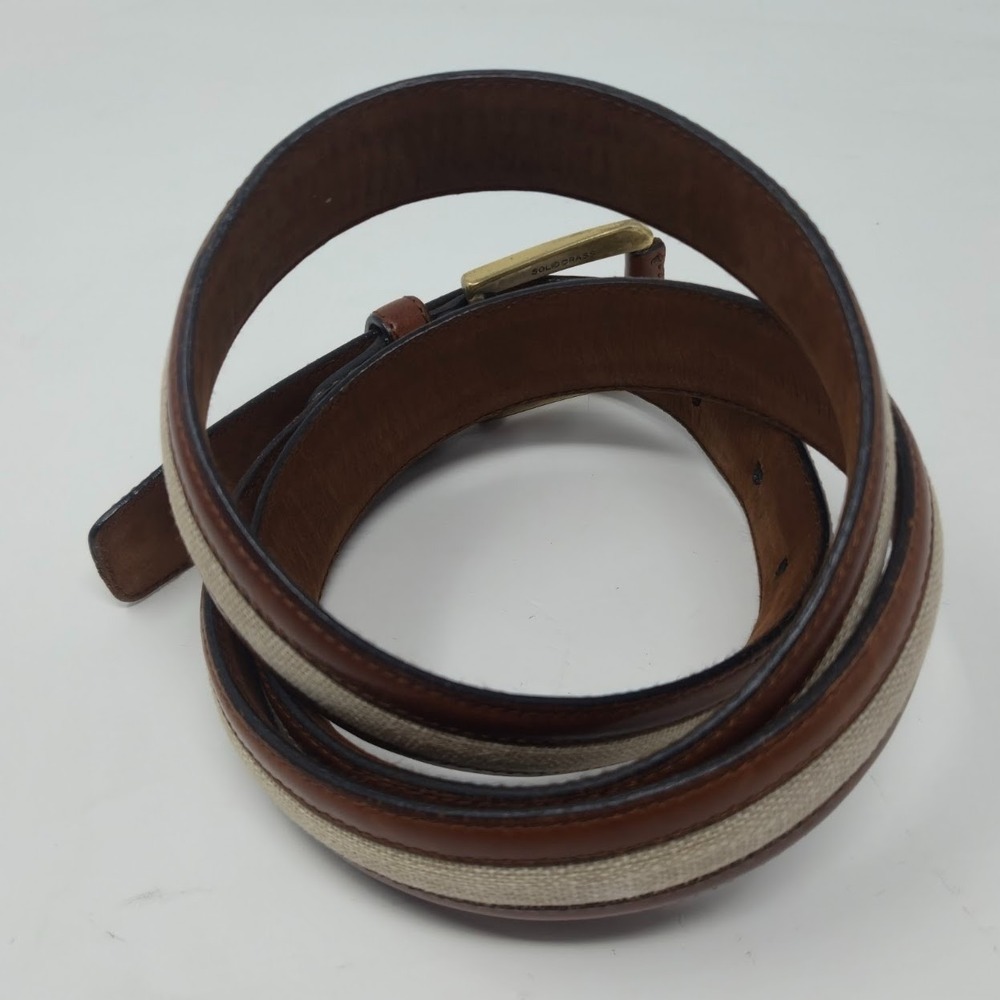 AS IS Saks Fifth Avenue Belt 38 M-3832 Spain Brown Leather Linen - MISSING PRONG - Picture 4 of 12